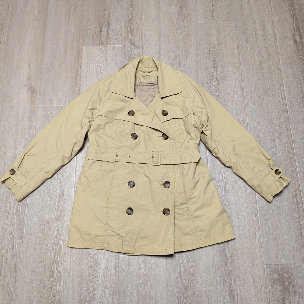 LL Bean Tan Trench Coat Womens Petite M Topcoat Belted Double Breasted 284404